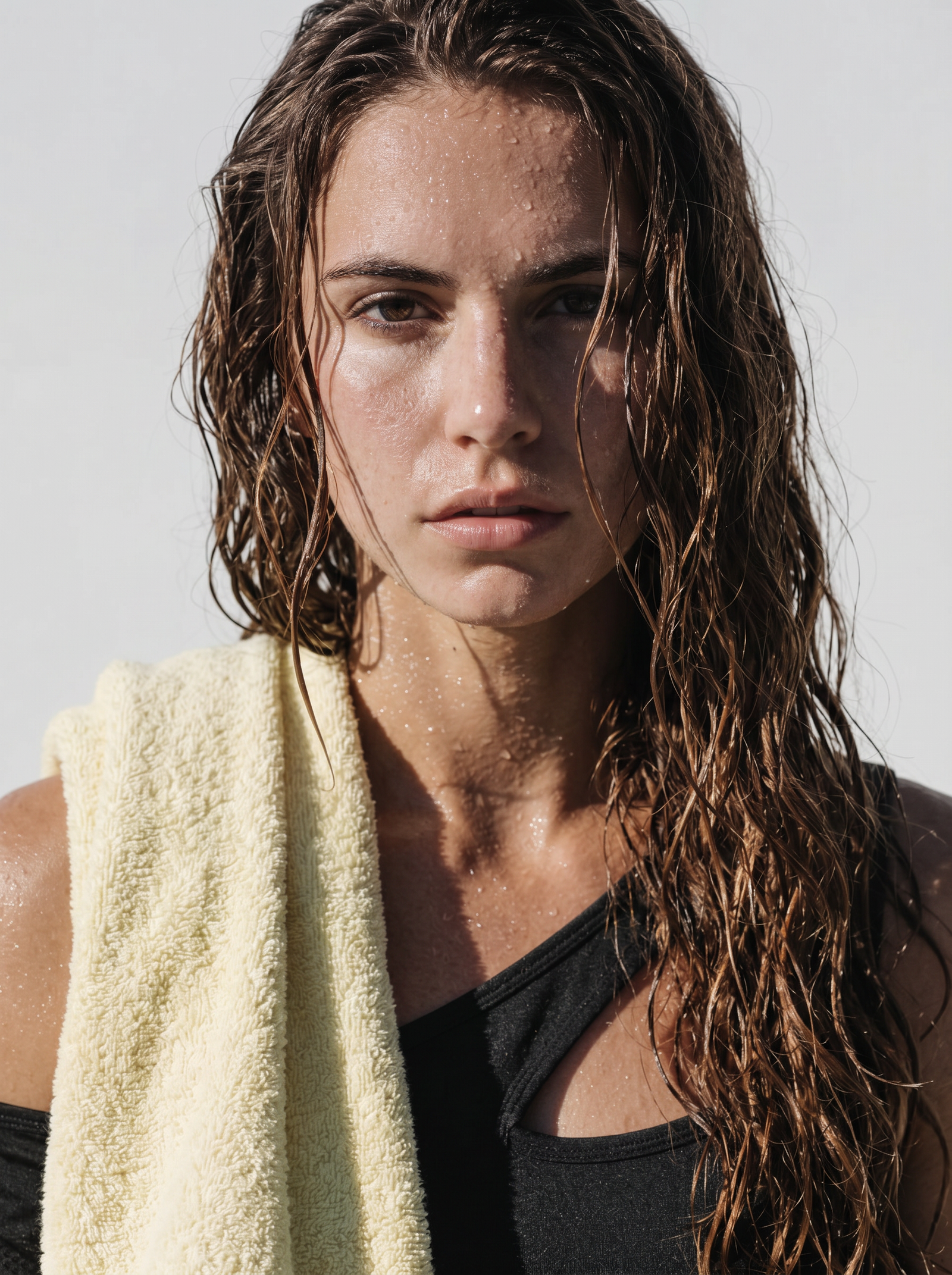 Mulher atleta com cabelo molhado após treino